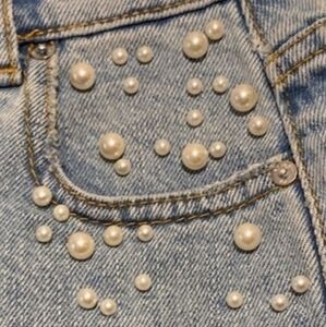 ZARA XS NWOT Blue Denim Pearl Embellished Jean Skirt Premium Denim Collection